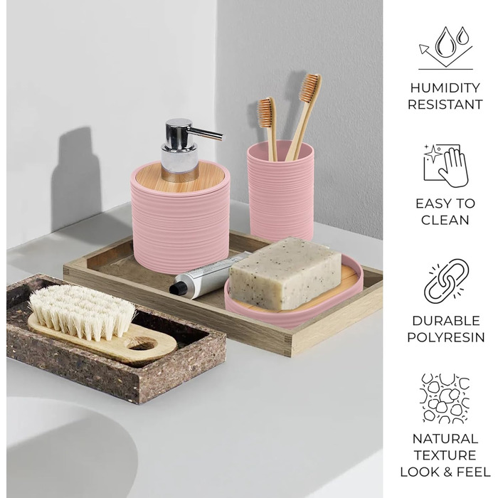 CERBIOR Набір аксесуарів для ванної кімнати, бамбуковий комплект з 6 предметів, включає дозатор для мила, тримач для зубних щіток, стакан для зубних щіток, мильниця для декоративної поверхні, подарунок на новосілля, Sriral (Рожевий)