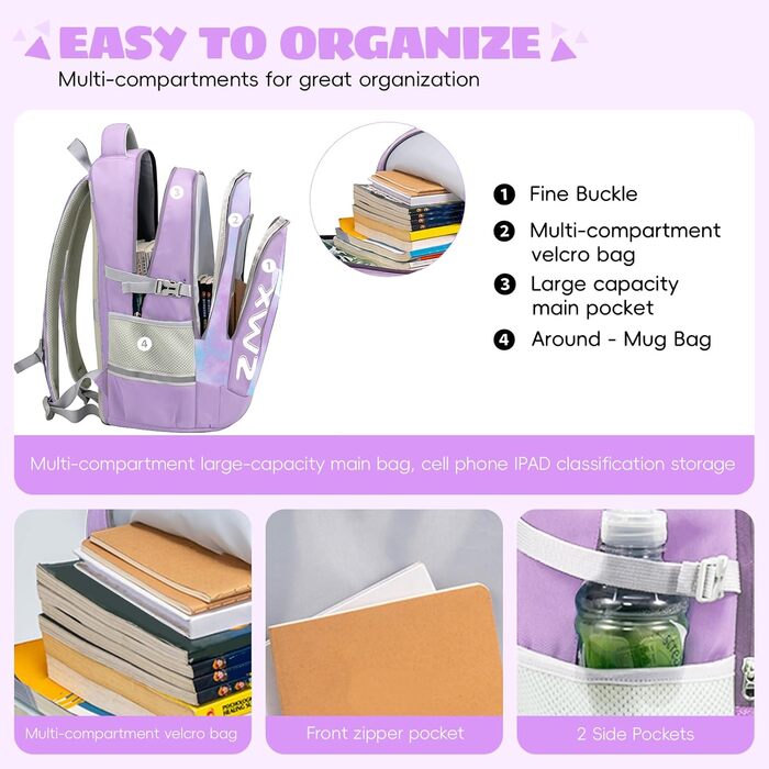 Шкільний рюкзак для підлітків 46L, рюкзак для школи, гімназії, старшої школи з нагрудним ременем, світловідбиваючими елементами, відділенням для 17.3' ноутбука, міцний, повсякденний, фіолетовий - 5255