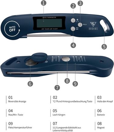 Цифровий термометр для м'яса DOQAUS: приготування на грилі, BBQ, варіння. Швидке зчитування, довга сонда, LCD-дисплей, автовимкнення