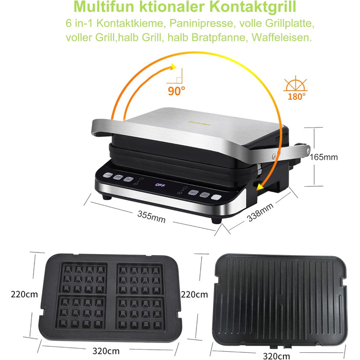 Contact Grill, Sandwich Maker, Waffle Iron 180° Double-Sided Optigrill Indoor Electric Grill | 6 automatic programs | Intuitive sensor | Touch display, 2000 W, Grill with 4 removable plates (BCG02D)