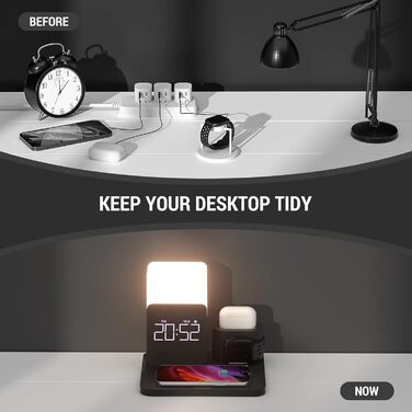 Бездротовий зарядний пристрій COLSUR 3 в 1: зарядка, нічник, будильник. Підходить для iPhone 16/15/14/13/12/11/X/8 Pro Max/Mini/Plus (Чорний)