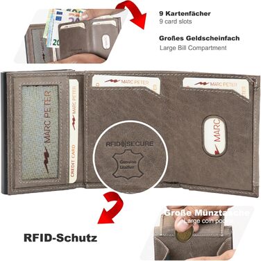 Гаманець Marc Peter Chicago з натуральної шкіри, з відділенням для монет, Airtag, RFID-захист, компактний сірий Slim портмоне XL
