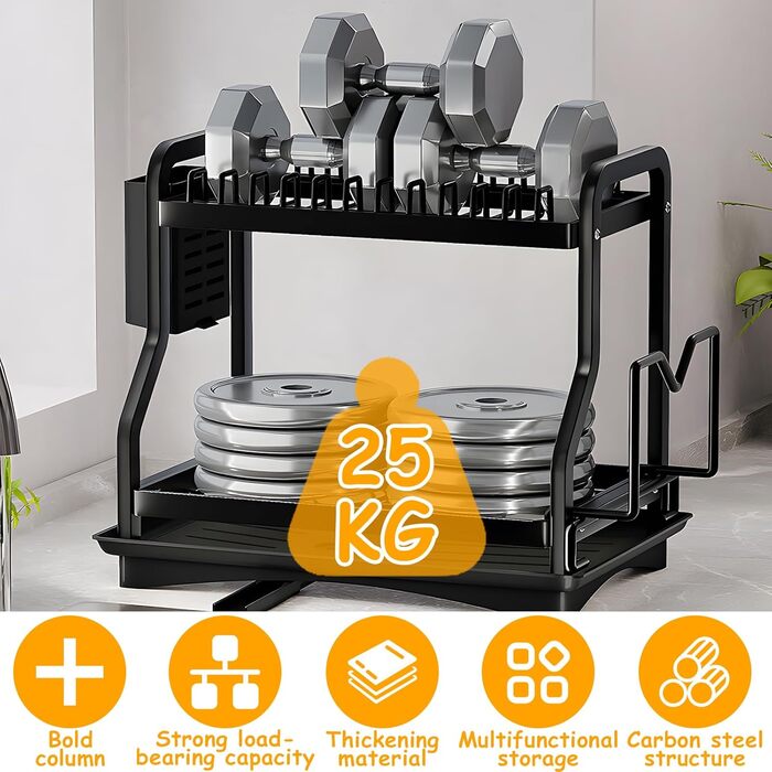 Сушарка для посуду з нержавіючої сталі з двома ярусами, з підставкою для обрізки, тримачем для чашок, столових приборів та зливною чашею. Ідеальна для кухні.