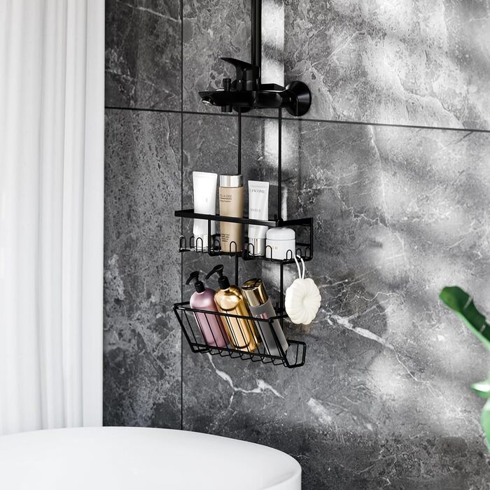 HouseUp Shower Shelf - Over the Door Hanging Shower Caddy - No Drilling Required - Black Shampoo Holder for Shower, Shower Basket, Bathroom Organizer, Shower Holder, Stainless Steel