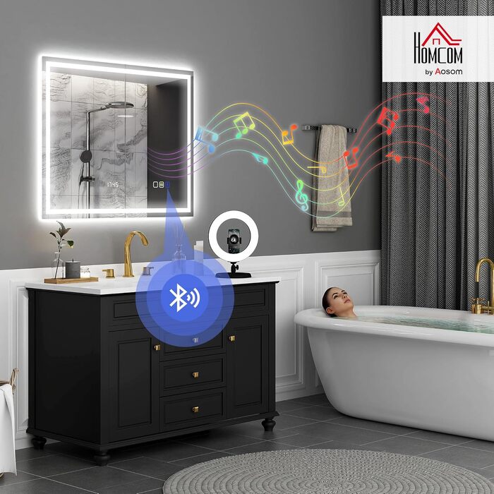 Дзеркало для ванної кімнати HOMCOM з підсвічуванням 100x80 см, LED, Bluetooth, годинник, 3 кольори світла, антизапар, сенсорне керування, срібне