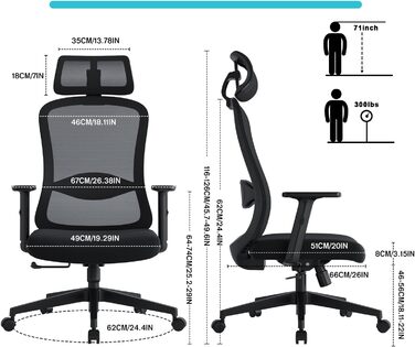 Ергономічне крісло для офісу, обертовий офісний стілець з подушкою для попереку, регульовані підголівник та підлокітники, крісло для керівника до 150 кг (Чорний)