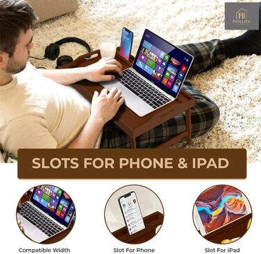 Бамбуковий піднос для сніданку Phillipa Home з 2 підставками - великий, для ноутбука 17,3 дюйма, їжі та напоїв