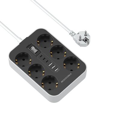 Мережевий фільтр 6-фазний з USB (3 USB-A, 3 USB-C), настінний, з вимикачем та кабелем 2м, захист від перенапруги, чорний