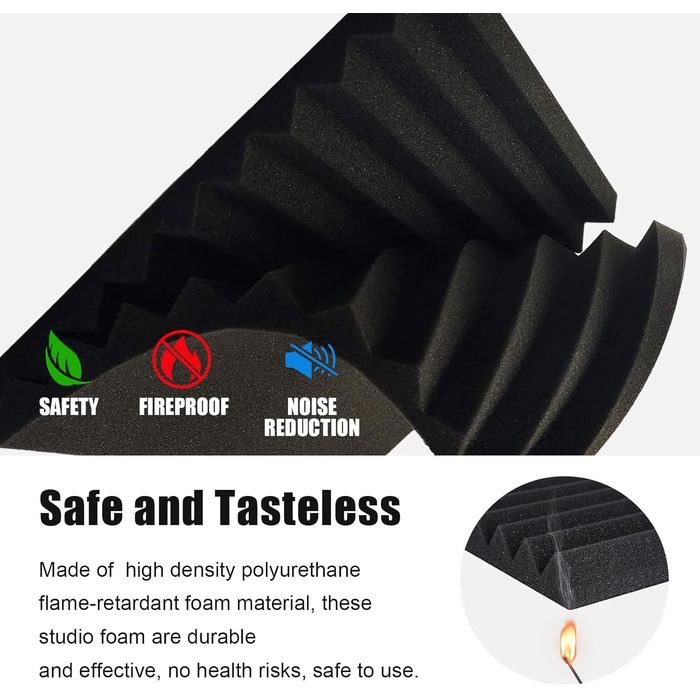Акустичний поролон JBER, звукопоглинаючі пірамідні панелі для студії, вогнестійкі шумоізоляційні плити (48 шт, 30x30x2.5 см, чорний, без клею)