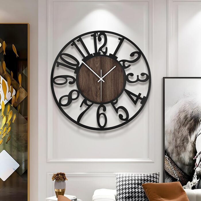 Large Wall Clock - Ticking Sounds, 34CM/14 Inch Silent, No Noise, Battery Operated, Modern, Oversized, Retro Vintage Large Wall Clock for Living Room, Bedroom, and Kitchen (14inch, Dark Brown - Arabic Numbers)