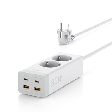 TESSAN Розподільник розеток USB-C 30W з GaN, 2 розетки, 2м кабель, захист від перенапруги 3600W, білий