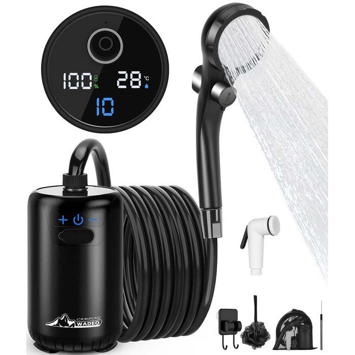 Портативна душова кабіна WADEO для кемпінгу з акумулятором та насосом, 10 режимів, 6000 mAh, 3 години роботи, подвійний цифровий дисплей, для відпочинку на природі, подорожей та саду (чорна)