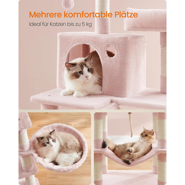 Кігтеточка Feandrea для котів, 206 см, XXL, з 13 кігтеточками, 2 платформами, 2 хованками, кошиком, помпонами, багатоярусна, плюшеве покриття, для дому, кремово-білий колір