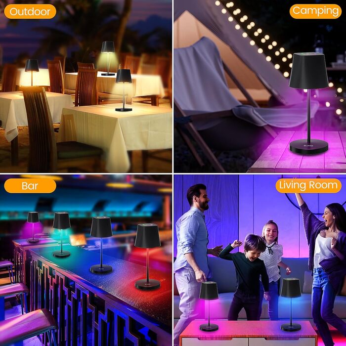 LED настільна лампа Quntis бездротова, торцева, з регулюванням яскравості, акумуляторна, USB, 3000K-5000K, IP44, для дому та вулиці, чорна (2, 3 колірні температури + RGB)