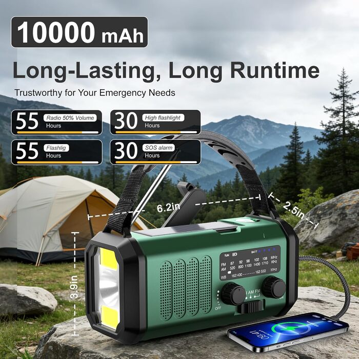Leaton Радіостанція аварійна з ручним генератором, NOAA, AM/FM, 10000 mAh | Сонячна Power Bank, USB-C, ліхтарик, SOS-сигнал, для кемпінгу, виживання, військових, зелений