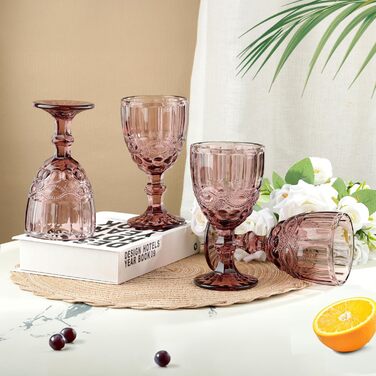 Joeyan Lila Vintage Wine Glasses with Embossed Design, Colored Relief Red Wine Glasses White Wine Glasses, Drinking Glasses, Goblet Glasses, Wine Goblet for Wine Juice Drinks, 300 ml, Set of 4, Dishwasher Safe