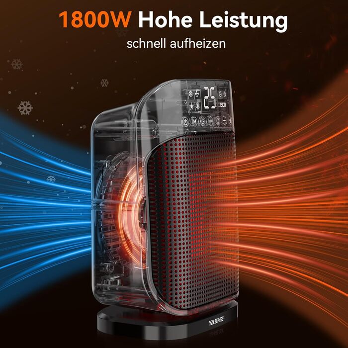 Електричний обігрівач YASHE 1800W з осциляцією 75°, енергозберігаючий, тихий, з PTC керамічним нагрівачем, термостатом, захистом від перегріву та перекидання, таймером 24 год, портативний з пультом керування
