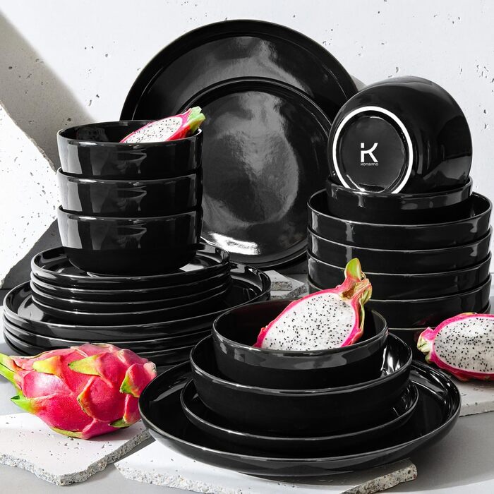 Набір посуду Konsimo VICTO на 6 осіб: 24-piece чорний глянцевий сервіз з 18 предметів з кераміки для сім'ї