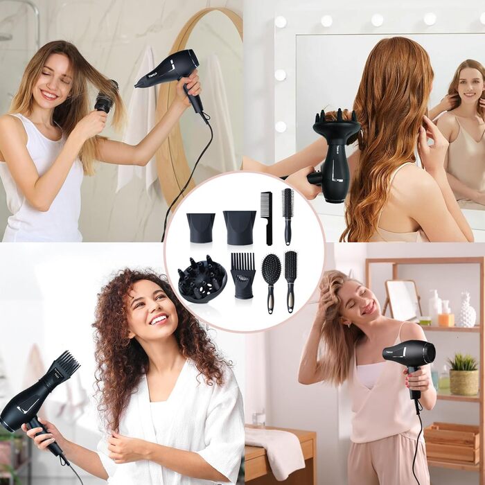 Професійний іонний фен для волосся Salon 2100W з дифузором та насадками, 2 швидкості, 3 температурні режими, чорний