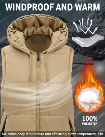 Тепла зимова жилетка Vancavoo з капюшоном, XXL, хакі. Легка стьобана жилетка з пуху для жінок та чоловіків. Перехідна куртка-жилетка на осінь/зиму.