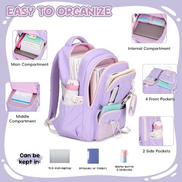 Шкільний рюкзак для дівчаток 1-5 класів з милим гаманцем, стильний рюкзак у школу для дітей та підлітків, ідеальний для школи та подорожей (фіолетовий)
