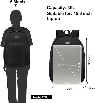 Чорний рюкзак YIORMIOR для ноутбука 15.6 дюймів (35L) з USB-портом - чоловічий/жіночий, для підлітків та дорослих