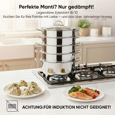 Набір для приготування на пару BEM: 6 предметів з нержавіючої сталі 18/10, діаметр 26 см. Російська мантоварка з вставкою для пари та скляною кришкою, каструля для приготування на пару, набір для приготування на пару. НЕ для індукційних плит.