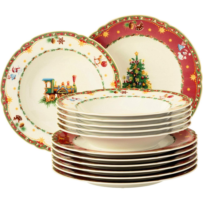 Seltmann Tableware Set, 12-piece | Marieluise Ivory Christmas Nostalgia | Seltmann Weiden, Red