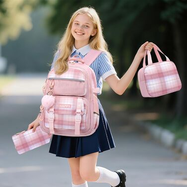 Шкільний рюкзак для дівчинки з візерунком, дихаючий та водовідштовхуючий рюкзак для 1-5 класів (рюкзак для дітей + ізольована ланч-торбинка + пенал, Рожевий)