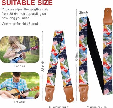 Японський гітарний ремінь Nefelibata з бавовни для акустичної гітари, укулеле, адаптер для голівки грифа в подарунок, медіатори та замок для ременя, регульована довжина 38'-64' (Бурхливі гори)