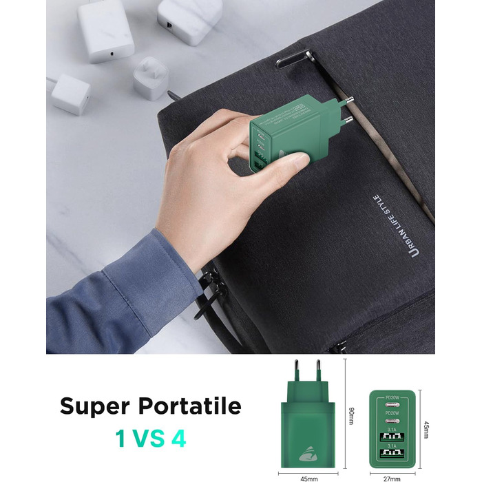 Зарядний пристрій USB-C 40W, мережевий адаптер з QC USB-A та USB-C, швидка зарядка для iPhone, Samsung та інших пристроїв (Темно-зелений)