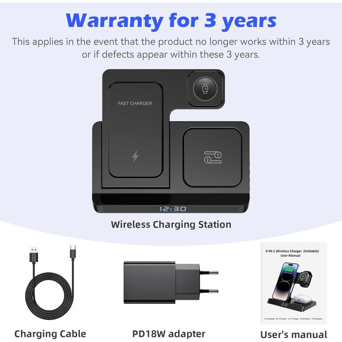 База зарядки 4-в-1 для iPhone та Apple Watch: бездротова зарядка 15W, складна, індуктивна, сумісна з iPhone 16/15/14/13/12/11 Pro SE X XS XR та Apple Watch 9/8/7/6/SE/5/4/3/2, AirPods Pro