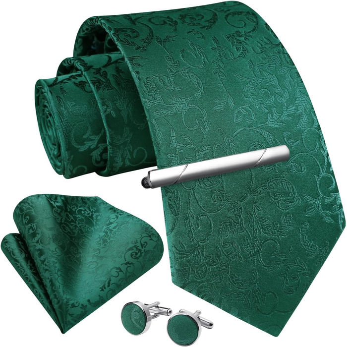 Набір краваток для чоловіків Enlision: краватка, кишеньковий хустинка, краваткозатискач та нагрудні хустинки (зелений, універсальний розмір)