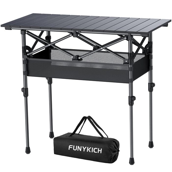 Складаний туристичний стіл FUNYKICH 82x40 см з регулюванням висоти (44/70 см), з сітчастою кишенею, для пікніка, кемпінгу, BBQ, саду