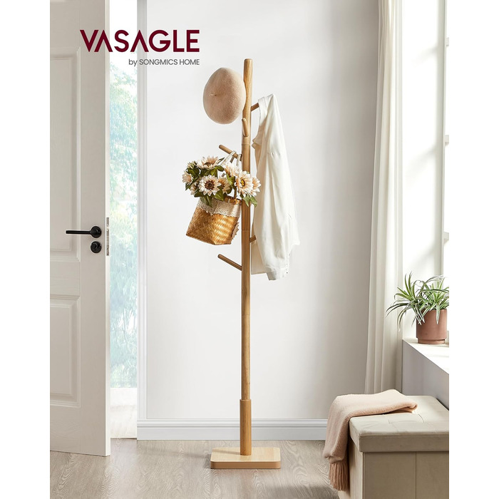 VASAGLE Coat Rack, Clothes Rack Solid Wood, Tree Shape Jacket Stand, 8 Hooks for Jackets, Hats, for Entryway, Hooks and Holding Rod made of Rubberwood, Cloud White RCR00W02 (Natural Beige, 1)