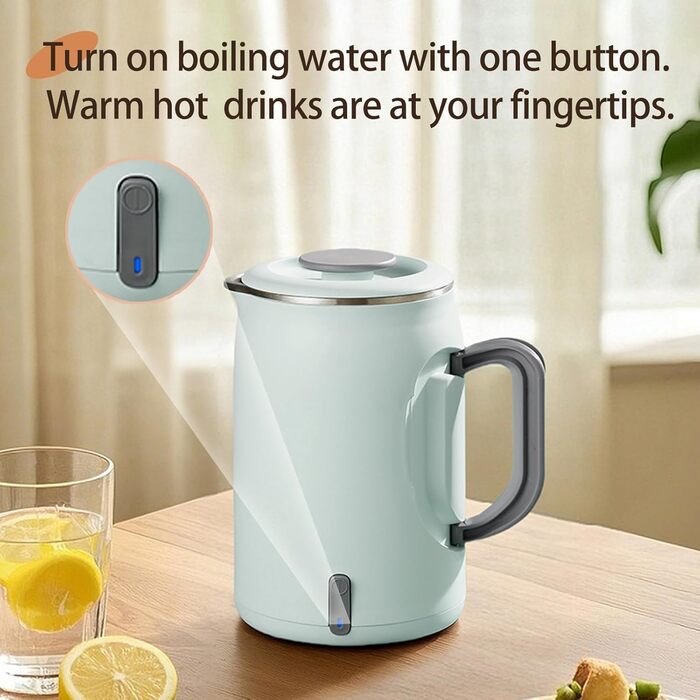 Електричний чайник 0.9л з нержавіючої сталі 304, 1360W, швидке кип'ятіння за 4-6 хвилин, класичний компактний дизайн, кнопка вмикання в один дотик, автоматичне відключення та захист від перегріву, для дому, офісу та любителів кави (світло-зелений)