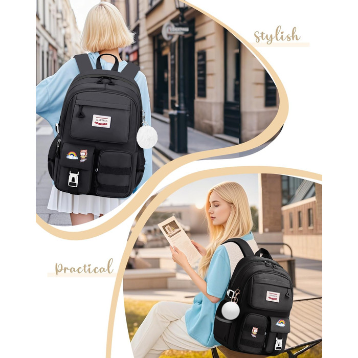 Шкільний рюкзак Tanou для дівчаток-підлітків, 9-16 років. Великий, водонепроникний, з брелоком (чорний)