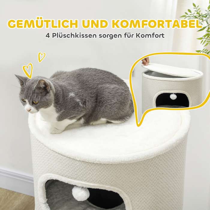 PawHut Дряпка для котів, 100 см у висоту, котячий будиночок з 3 печерами, дряпка з іграшковими кульками, котяча вежа з сизалю, для котів до 6 кг, Бежевий+Кремовий | Aosom