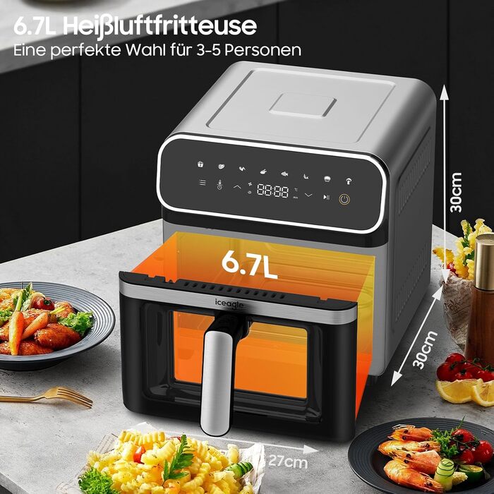 iceagle Hot Air Fryer 6.7 L Airfryer XXL - Air Fryer Without Oil | 2200W Hot Air Fryer with 8 Cooking Programs, Digital Display, with German Recipe Book