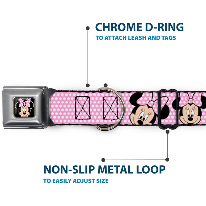 Нашийник для собак Buckle-Down Minnie Mouse з прикрасою в горошок рожевого та білого кольорів, 1 дюйм шириною, підходить для шиї 9-15 дюймів, розмір Small