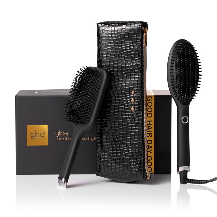 Гладка щітка ghd Glide: для шовковистого та блискучого волосся, випрямляє та укладає сухе волосся, без пуху, для всіх типів волосся, без пошкодження волосся (Подарунчий набір Black)