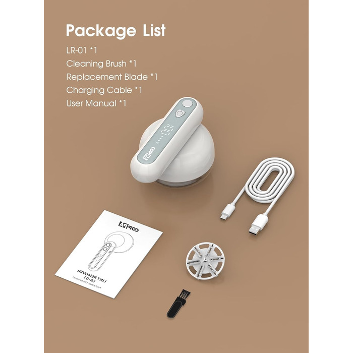 Електричний видальник ворсу COPPA з 6 лезами, 3 швидкості, перезаряджається, для одягу, з індикатором заряду