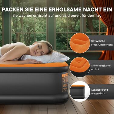 Надувне ліжко самонадувна, 1 місце, з електричним насосом, преміум якість, для кемпінгу та дому, темно-помаранчевий колір