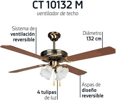Вентилятор стельовий Orbegozo CT 10132 M з лампами, 132 см, 60 Вт, дерев'яні лопаті, 3 швидкості