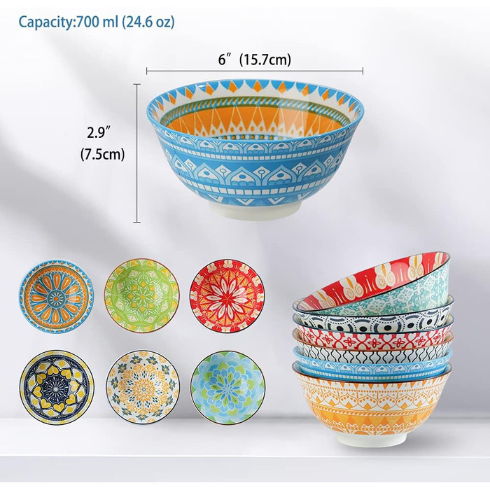 Набір тарілок/мисок для мюслі, супу, салату (6 шт.) - 15.7 см, 700 мл, 6 кольорів, порцеляна