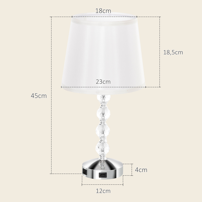 HOMCOM Table Lamp LED Desk Lamp USB Rechargeable, Crystal Nightstand Lamp, Lamp Base E27, for Living Room Bedroom, Glass, Silver 23 x 23 x 45 cm | Aosom