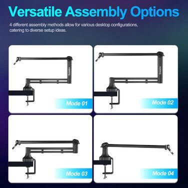 Низькопрофільний мікрофонний важіль, міцний тримач для мікрофону з кріпленням до столу 7 см, адаптери 3/8' та 5/8', для Blue Yeti, подкастів, геймінгу, вантажопідйомність до 2 кг, чорний