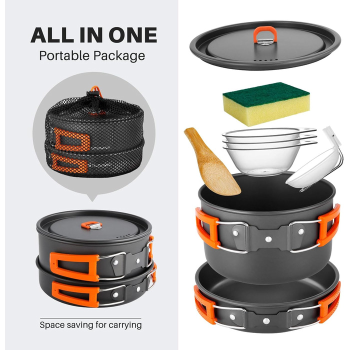 Odoland Camping Cookware Set, 9-Piece Outdoor Dish Set with Camping Pot, Camping Frying Pan for Camping, Outdoor Cooking, Hiking, and Travel