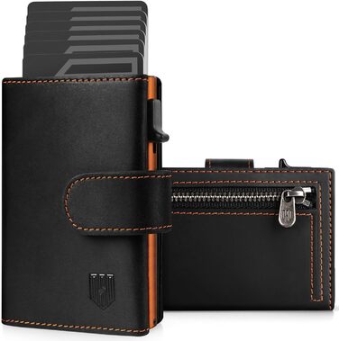 DODENSHA Credit Card Wallet, Wallet for Men, RFID Credit Card Holder with Coin Pocket, Automatic Pop-up Card Holder made of Aluminum for 8-10 Cards, ID Window, Black | BlackOrange
