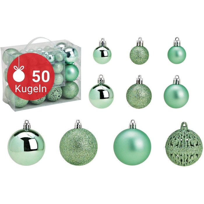Набір прикрас для ялинки WOMA: 50 штучок, різні кольори (м'ятно-зелений)